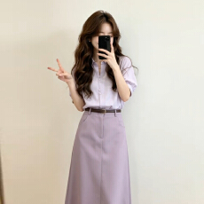 批发韩系高级感通勤穿搭一整套<b class='q'>连衣裙</b>子女夏季紫色<b class='q'>衬衫</b>高腰半身裙套装