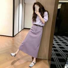 批发韩系高级感通勤穿搭一整套<b class='q'>连衣裙</b>子女夏季紫色<b class='q'>衬衫</b>高腰半身裙套装