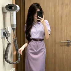 批发韩系高级感通勤穿搭一整套<b class='q'>连衣裙</b>子女夏季紫色<b class='q'>衬衫</b>高腰半身裙套装