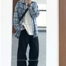 批发美式复古蓝色格子衬衫女春秋新款慵懒风宽松<b class='q'>长袖</b>衬衣<b class='q'>情侣</b><b class='q'>外套</b>