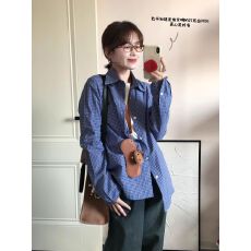 批发韩系2026新款学院风蓝色格子衬衫外套女早秋穿搭宽松叠穿打底外套