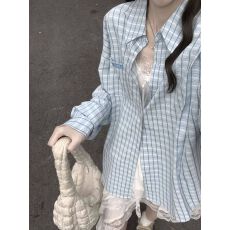 批发小清新蓝色格子衬衫外套女<b class='q'>春</b>秋季慵懒感宽松开衫衬衣潮百搭衬衫