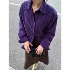 批发紫色灯芯绒长袖衬衫复古春秋宽松韩系显白叠穿外套秋冬衬衣