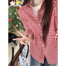 批发腊肠小狗刺绣红白格纹衬衫2025春夏新款法式慵懒风<b class='q'>格子</b>衬衣<b class='q'>外套</b>女
