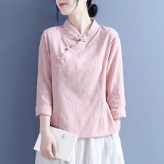 批发<b class='q'>中国风</b>棉麻立领斜襟珠扣提花长袖上衣女春秋新款中式文艺复古衬衫