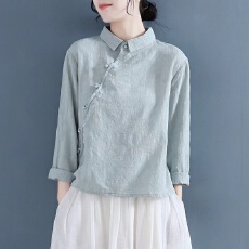 批发2026秋款棉麻衬衫女宽松长袖遮肚子<b class='q'>中国风</b>宽松刺绣禅意茶服上衣