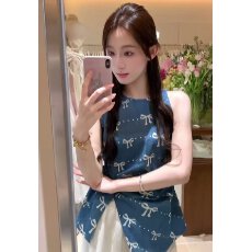 批发夏日多巴胺蓝色无袖<b class='q'>背心</b>女设计感法式甜美蝴蝶结掐腰开叉<b class='q'>牛仔</b>上衣