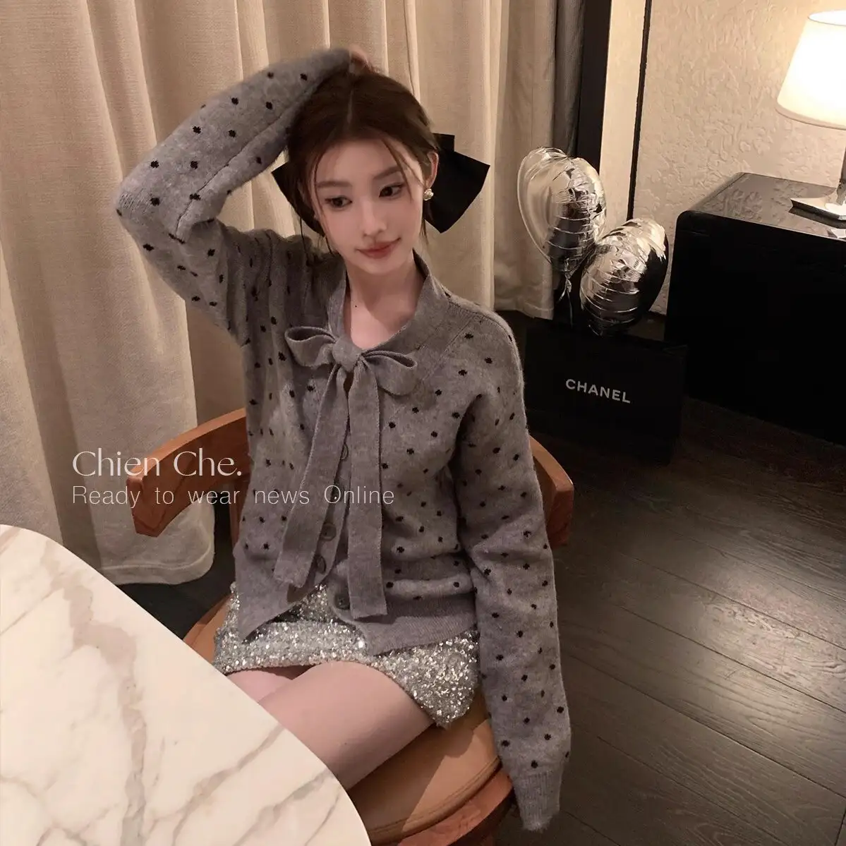 리본 디테일 그레이 도트 울 가디건 상세 이미지 3