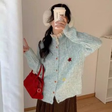 批发温柔风甜美刺绣拼接蕾丝针织开衫秋冬新款宽松软糯百搭毛衣<b class='q'>外套女</b>