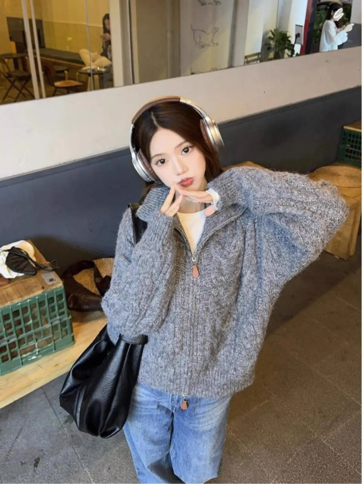 한국인기 루즈핏 스탠드 칼라 더블 지퍼 꽈배기 니트 가디건 상세 이미지 6