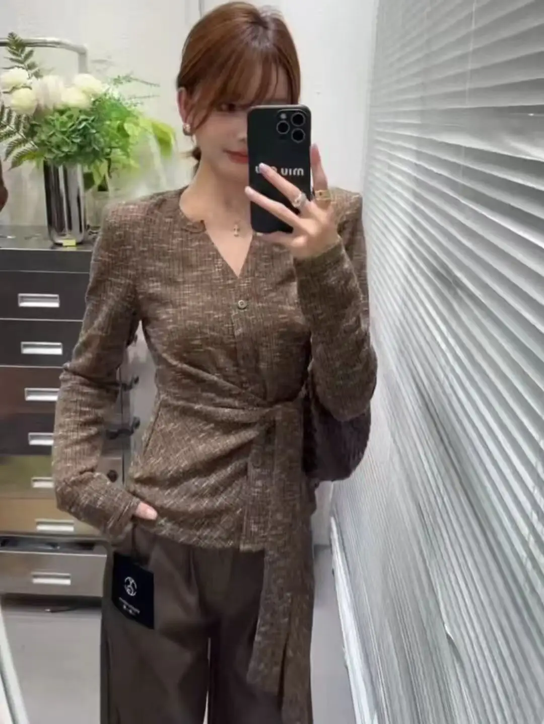 한국인기 V넥 허리조임 긴소매 가디건 티셔츠 상세 이미지 1