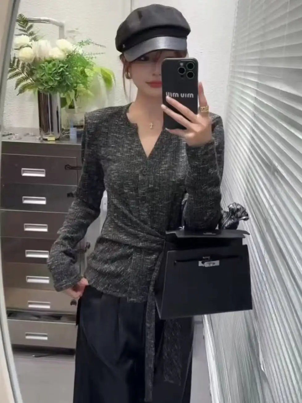 한국인기 V넥 허리조임 긴소매 가디건 티셔츠 상세 이미지 2