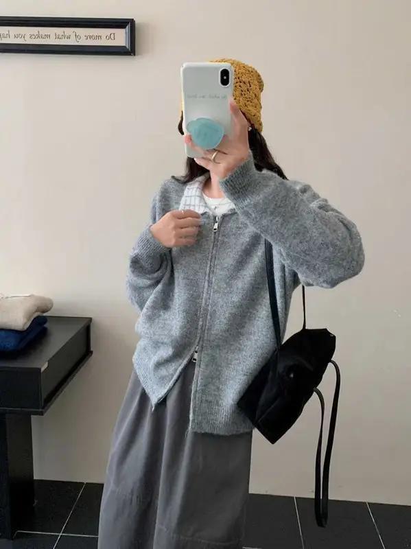 한국인기 루즈핏 더블 지퍼 체크 폴드 칼라 가디건 상세 이미지 2