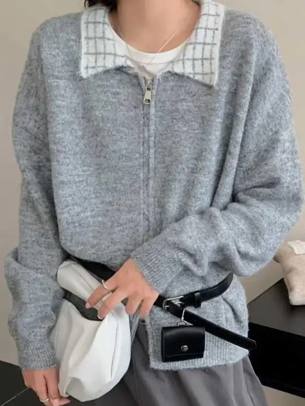 한국인기 루즈핏 더블 지퍼 체크 폴드 칼라 가디건 상세 이미지 3