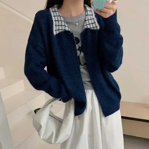 한국인기 루즈핏 더블 지퍼 체크 폴드 칼라 가디건 상세 이미지 4