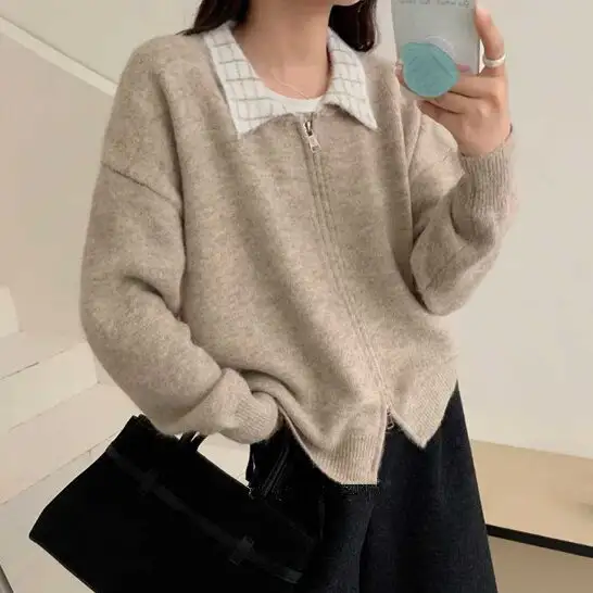 한국인기 루즈핏 더블 지퍼 체크 폴드 칼라 가디건 상세 이미지 5