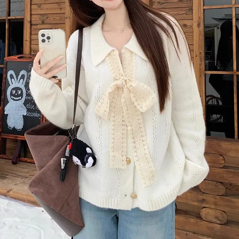 V넥 리본 가디건 니트 상세 이미지 2