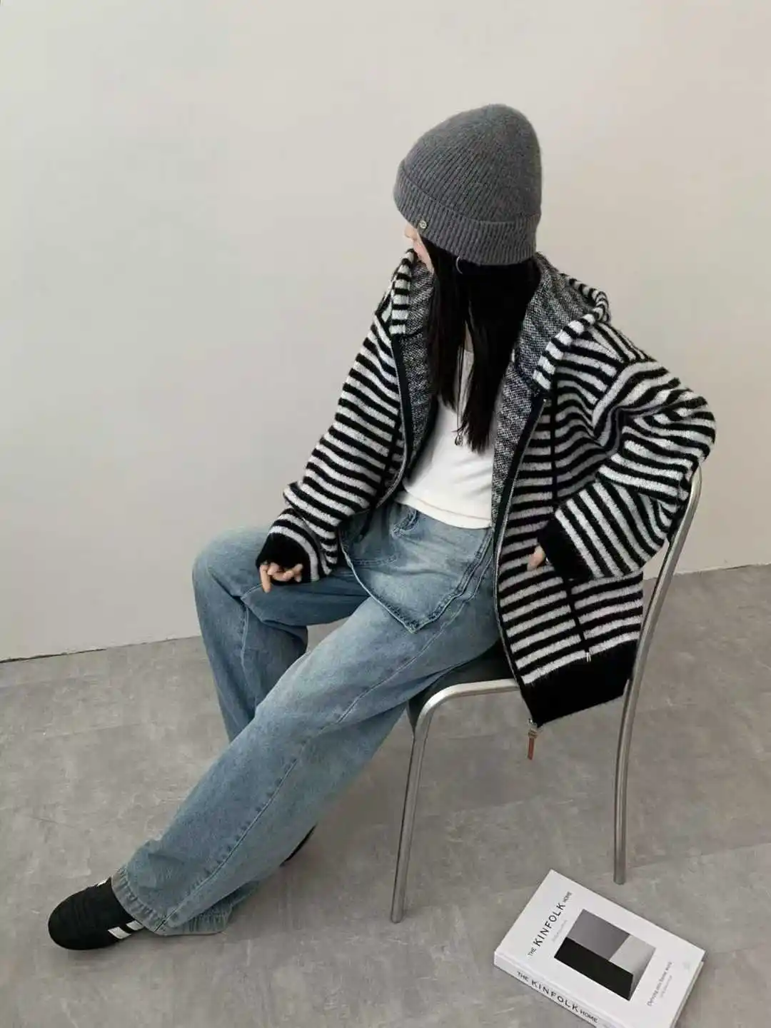 스트라이프 후드 지퍼 가디건 상세 이미지 2