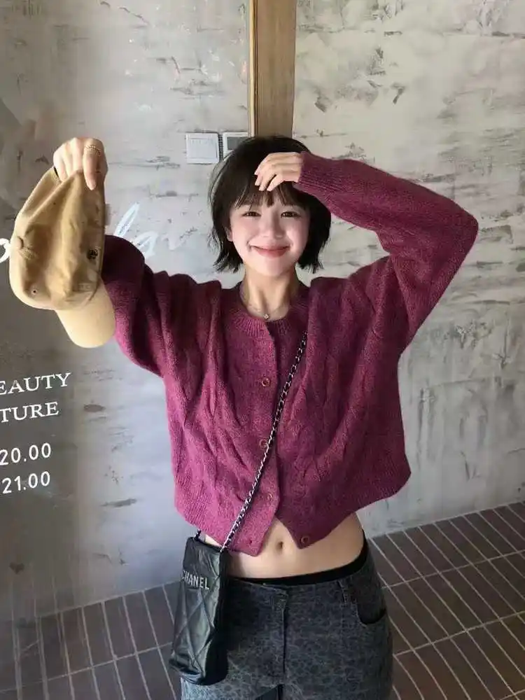 꽈배기 울 100% 라운드넥 가디건 상세 이미지 1