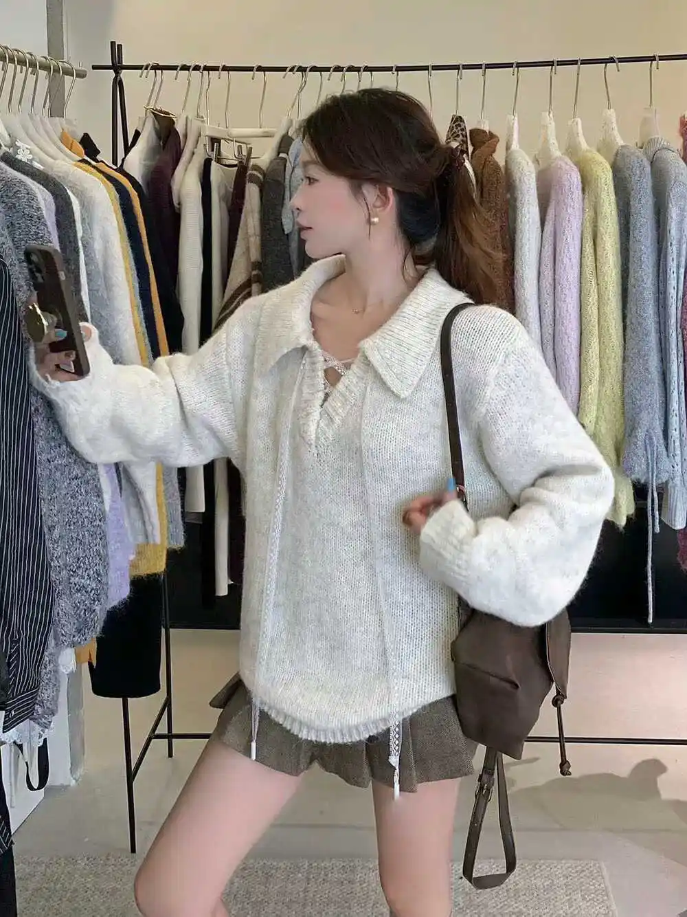 레이스 끈 디테일 루즈 니트 상세 이미지 2