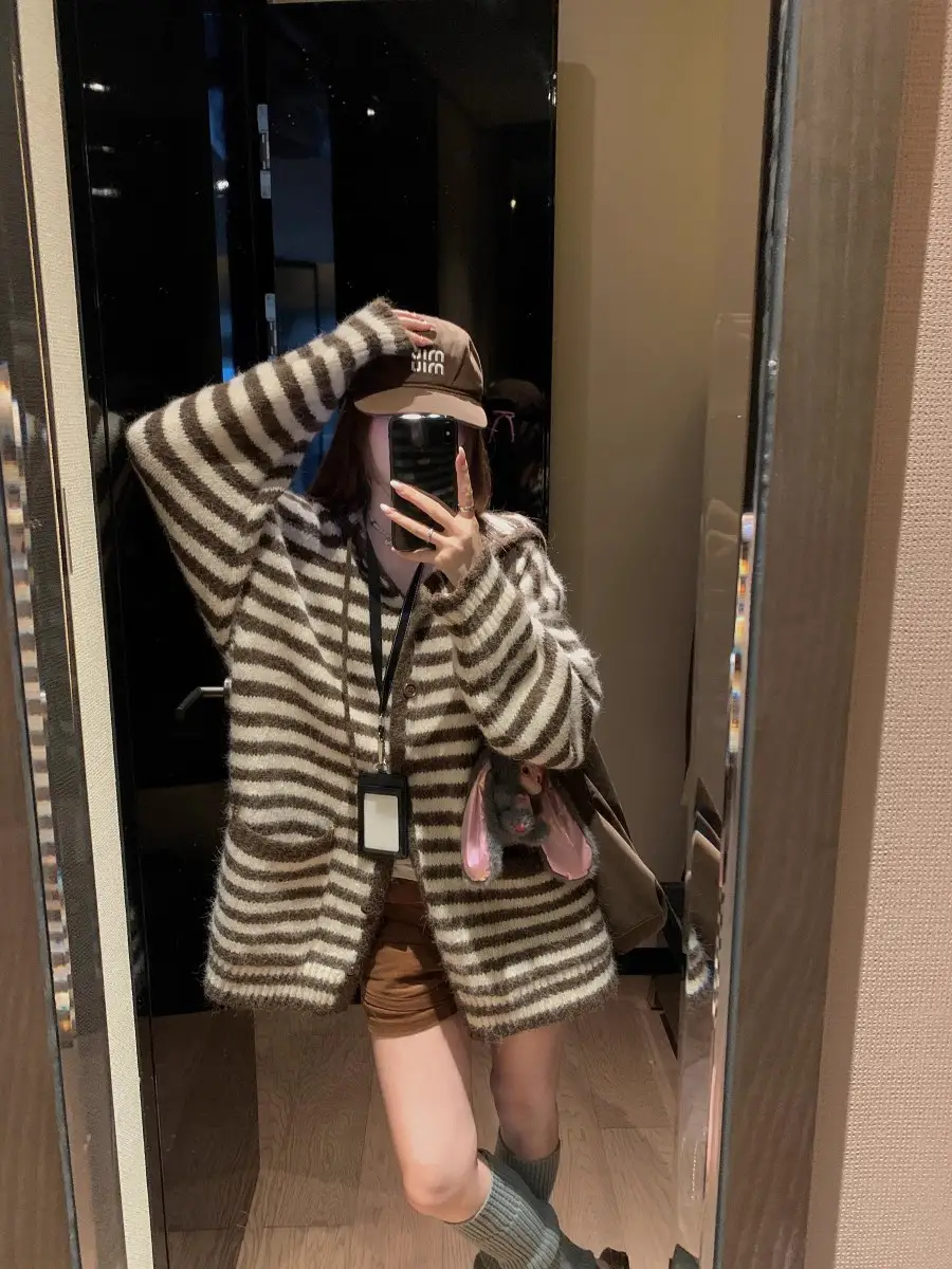 한국인기 루즈핏 브라운 스트라이프 후드 가디건 상세 이미지 4