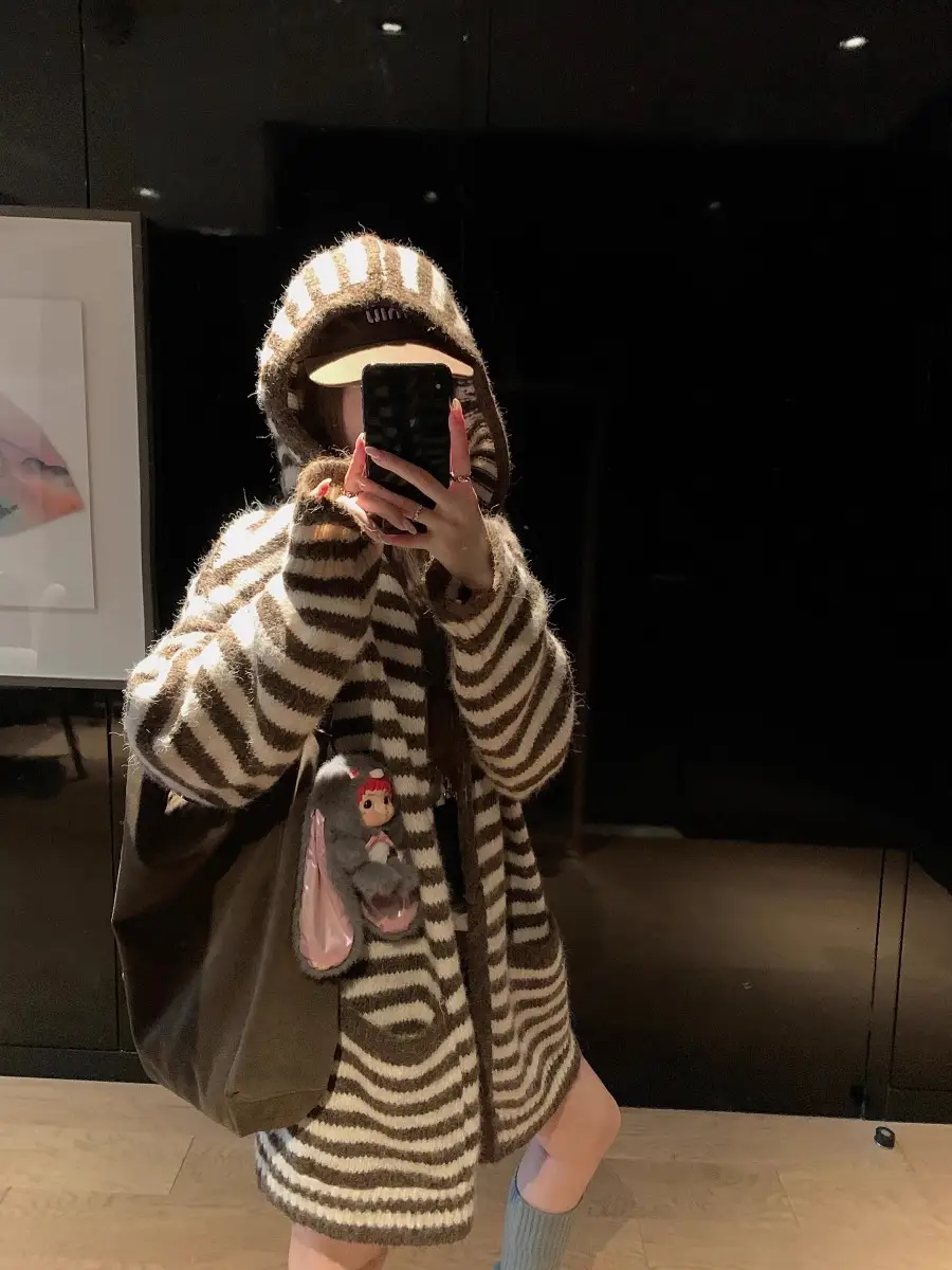 한국인기 루즈핏 브라운 스트라이프 후드 가디건 상세 이미지 5