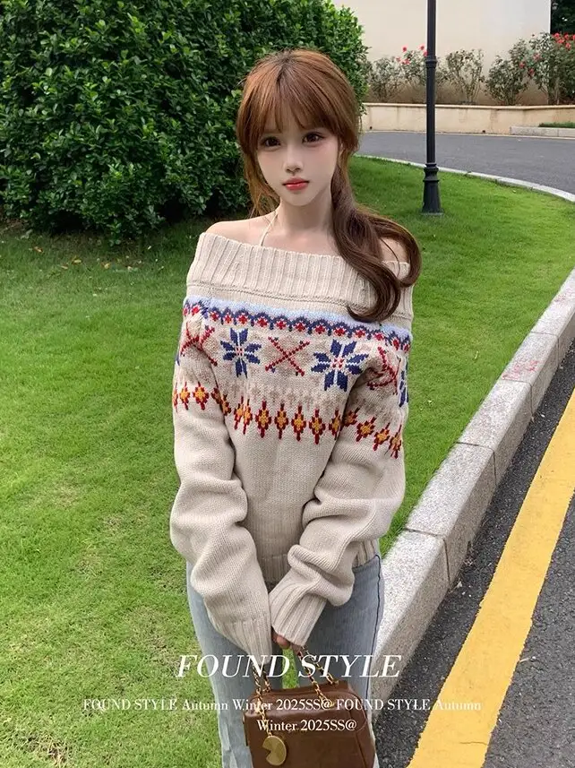 페어아일 자카드 오프숄더 니트 상세 이미지 3