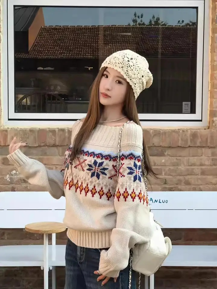 페어아일 자카드 오프숄더 니트 상세 이미지 5