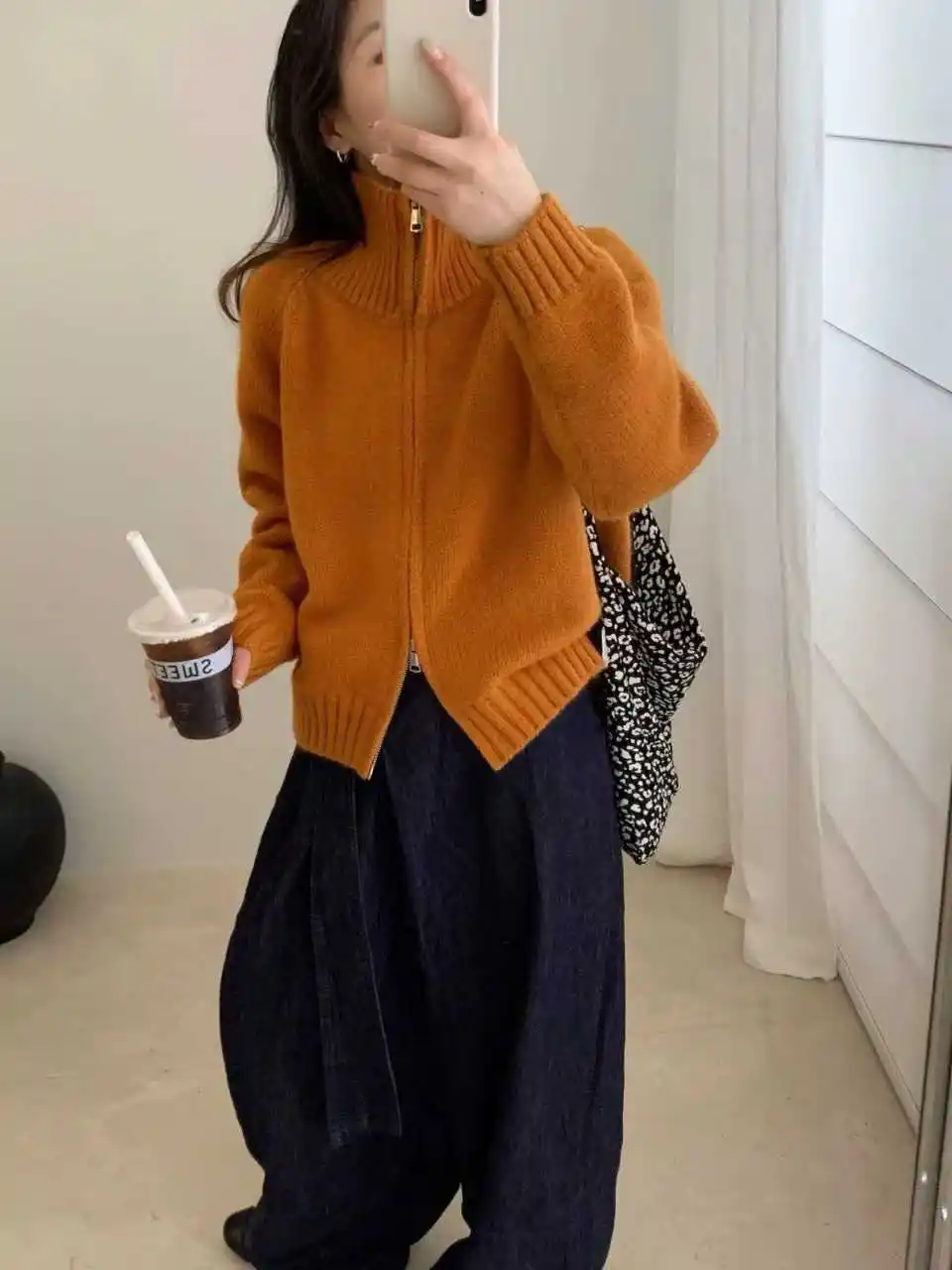 한국인기 루즈핏 스탠드 칼라 크롭 더블 지퍼 가디건 상세 이미지 1