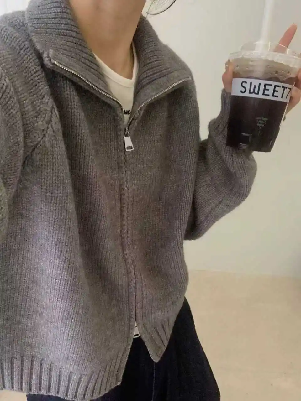 한국인기 루즈핏 스탠드 칼라 크롭 더블 지퍼 가디건 상세 이미지 2