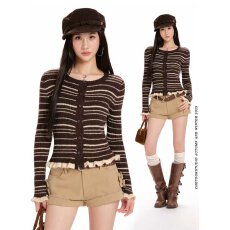 批发撞色条纹<b class='q'>针织</b><b class='q'>开衫</b>女秋冬新款长袖修身显瘦设计感毛衣外套上衣