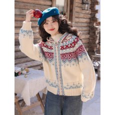 批发慕兔韩系撞色连帽拉链<b class='q'>毛衣</b>外套女秋冬季新款费尔岛风宽松针织衫