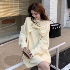 批发纯欲甜辣妹露肩大蝴蝶结针织<b class='q'>连衣裙</b>早秋温柔甜美<b class='q'>可爱</b>显瘦毛衣短裙