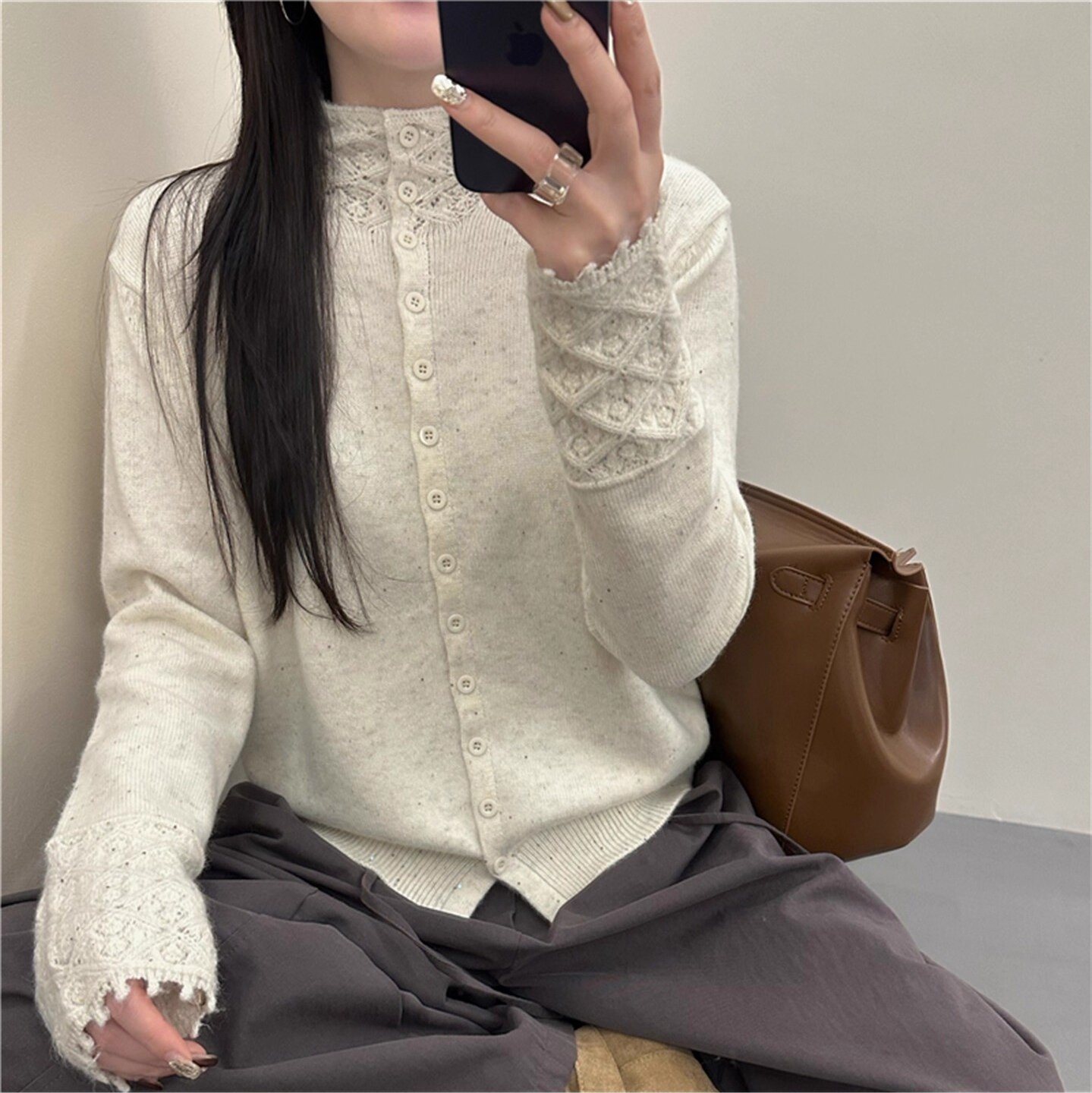 한 부서 터틀넥 단추 자수 커프스 양 타조 울 스웨터 카디건 코트 가을 겨울철 패션 부드러운 찹쌀 니트 맨위