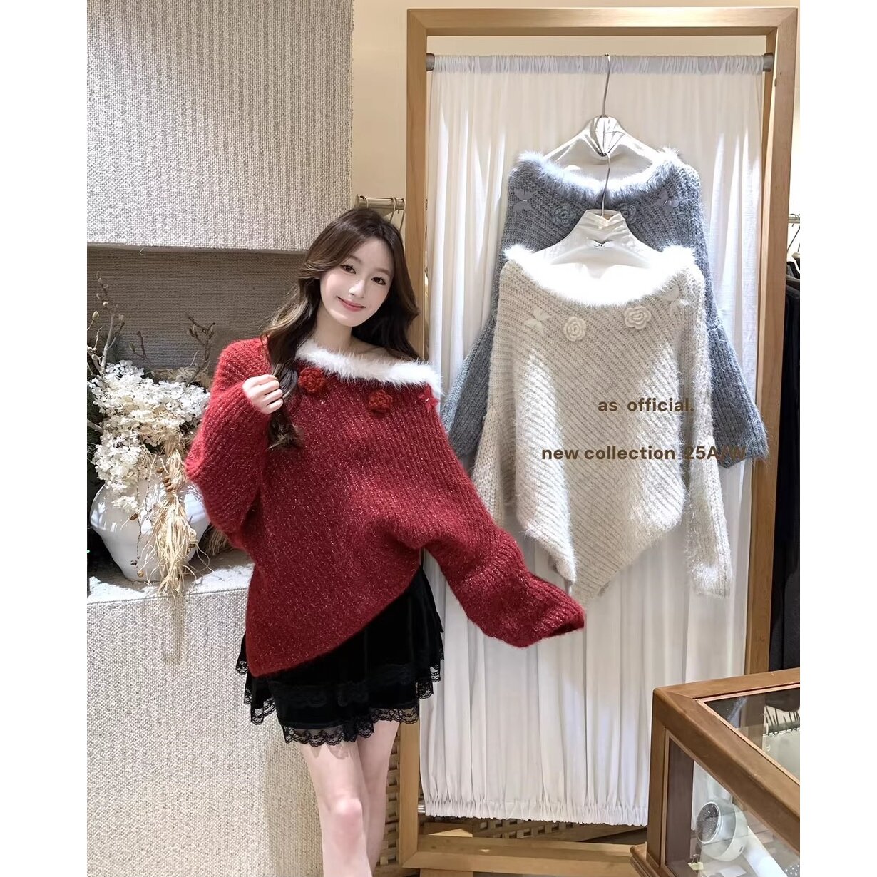 as official 보 주님 추천 신년 파티 bling 광택 실 비스듬한 어깨 모피 칼라 3 차원 자수 스웨터 여성 의류