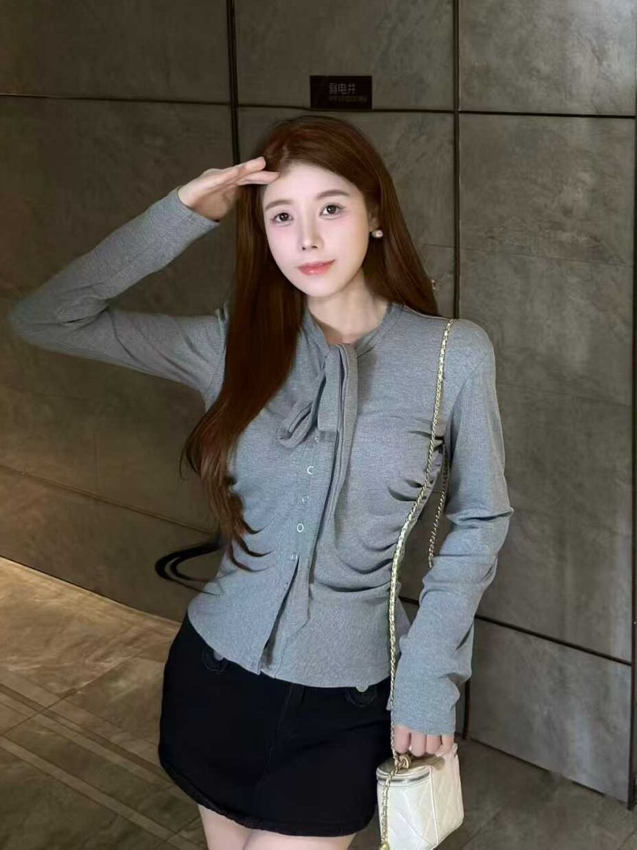 한 부서 품격 고급 센스 리본 긴팔 니트 오픈 가디건 여성 가을 새로운 몸매 가꾸기 슬림해 보이는 인사이드 가져 가라. 만나는 맨위