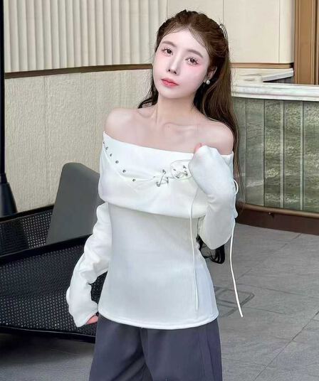순수한 욕망 바람 달콤한 자매 오프숄더 레이스업 긴팔 니트 스웨터 여성 봄 가을 새로운 패션 연령 감소 슬림해 보이는 맨위 트렌디