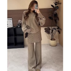 批发韩系慵懒风氛围感秋冬穿搭一整套针织毛衣蕾丝屁帘阔腿<b class='q'>裤</b><b class='q'>三件套</b><b class='q'>装</b>