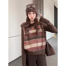 批发大码慵懒风无袖叠穿条纹毛衣<b class='q'>马甲</b>背心女冬季胖mm显瘦坎肩针织上衣