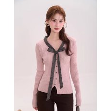 批发甜美蝴蝶结V领针织打底衫女春秋新款内搭修身特别漂亮的掐腰上衣