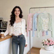 批发韩系甜美温柔风木耳边碎花小吊带配<b class='q'>蕾丝</b>短款防晒长袖外披两件套装