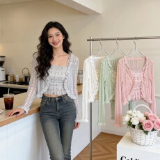 批发韩系chic甜美温柔风木耳边小吊带配<b class='q'>蕾丝</b>短款防晒长袖外披两件套装