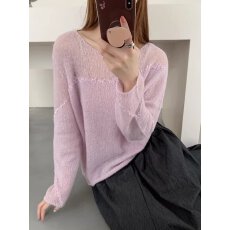 批发韩系高级感拼织带条丝光羊毛针织衫女春夏新款时尚宽松百搭上衣潮