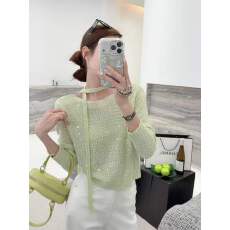 批发韩系高级感圆领带飘带套头针织衫上衣女春秋新款时尚气质亮片毛衣