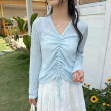 批发韩系薄款竹节棉V领防晒罩衫女配吊带小背心不规则抽绳叠穿两件套