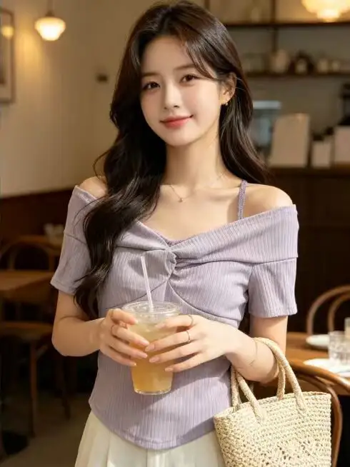 리본 디테일 오프숄더 니트 티셔츠 상세 이미지 2