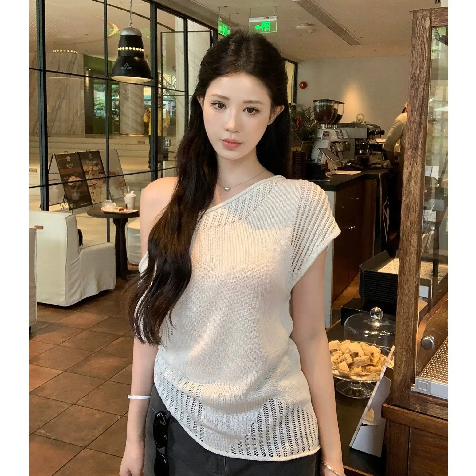 원숄더 니트 반팔 티셔츠