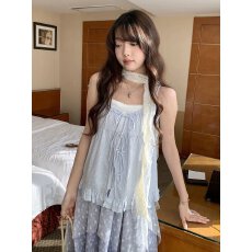 批发韩系甜辣妹碎花木耳边绑带假两件<b class='q'>吊带</b>女夏季新款减龄路肩显瘦上衣
