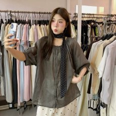 批发韩国东大门宽松圆领排扣飘带五分袖衬衫女夏季休闲百搭上衣小衫潮