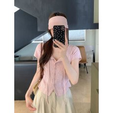 批发乌77bm小个子单排扣针织短袖t恤女设计感小众修身显瘦短款<b class='q'>上衣</b>夏